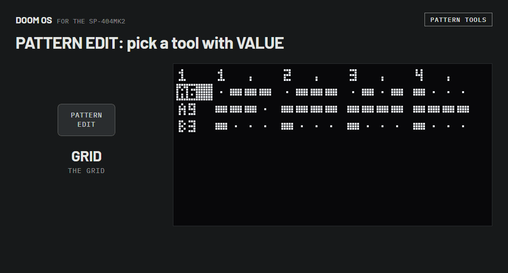 PATTERN EDIT opens the tools; VALUE opens QUANT, EXIT closes it; a turn selects SWING and VALUE opens it; PATTERN EDIT goes back to the grid; SHIFT + PATTERN EDIT opens NEW NOTES.