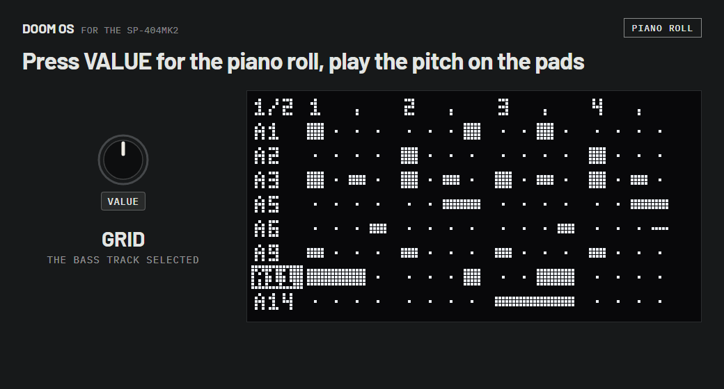 The bass track opens as a piano roll; with pad 8 held, pad 10 and then pad 12 move its note up 5 and 7 semitones; closed again, the note carries a mark above it.