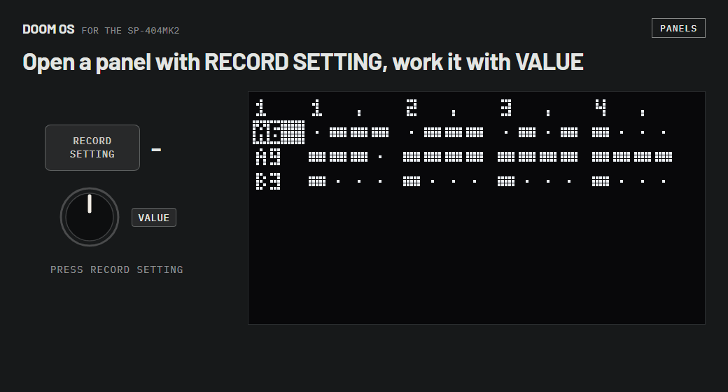 RECORD SETTING opens the track panel, where turning VALUE walks the rows; pressed again it opens the pattern panel, where VALUE changes the tempo; pressed a third time it closes.
