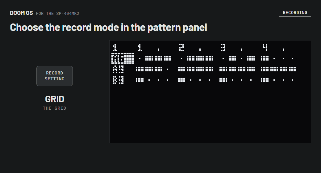 RECORD SETTING twice opens the pattern panel; VALUE turns to REC and its presses step the mode to SINGLE and MULTI; the panel closes, then REC rehearses, REC records and EXIT stops.