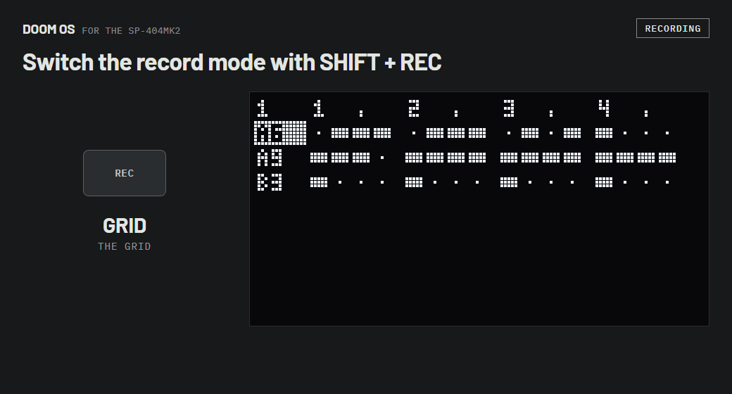 REC shows REHEARSAL, SHIFT + REC switches the mode to MULTI, REC again records while the pattern plays, EXIT stops.